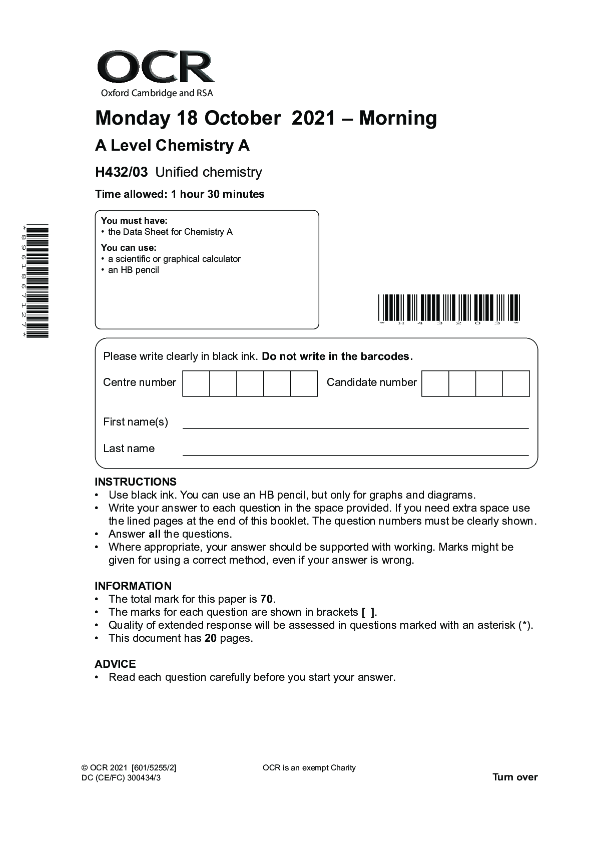 Preview of >_ A Level Chemistry A H432/03: Unified chemistry || Question Paper OCT 2021